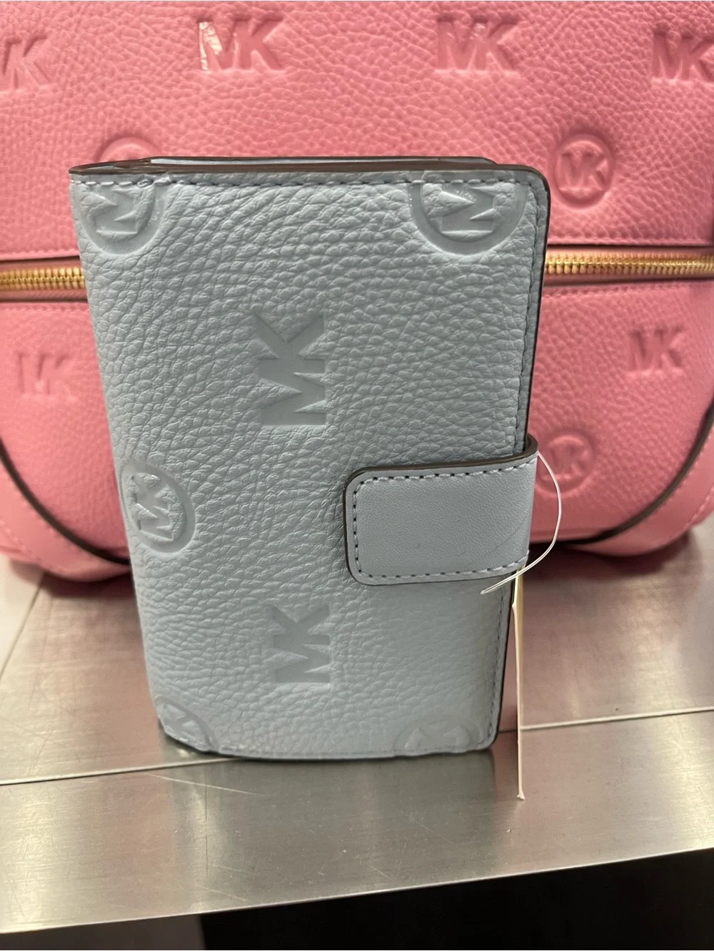 Michael Kors Jet Set Travel Md MK Logo Debossed Bifold Wallet Pale Ocean  NWT